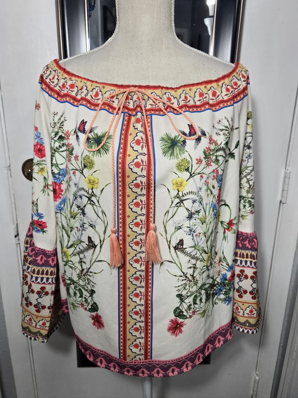 Umgee Floral Bell Sleeve Off Shoulder Blouse Sz Large - Picture 3 of 8